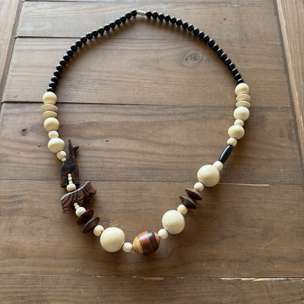 Vintage 1980s Safari Giraffe Zebra Carved Wood Beaded Statement Necklace Boho